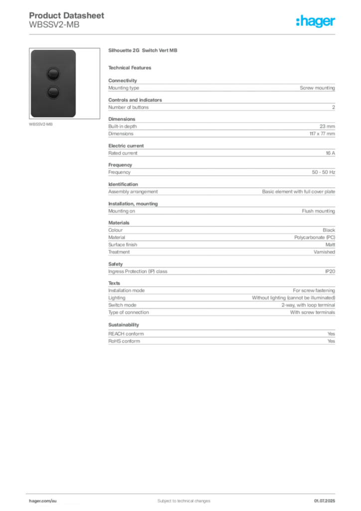 Image Hager Product data sheet WBSSV2-MB  | Hager Australia