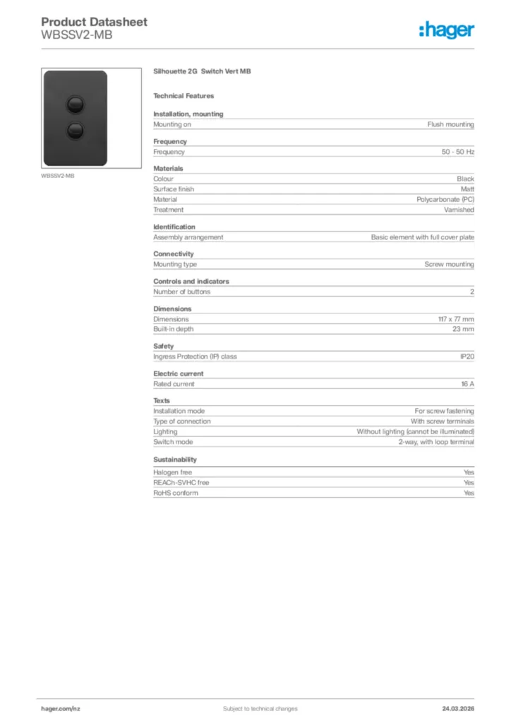 Image Hager Product data sheet WBSSV2-MB  | Hager New Zealand