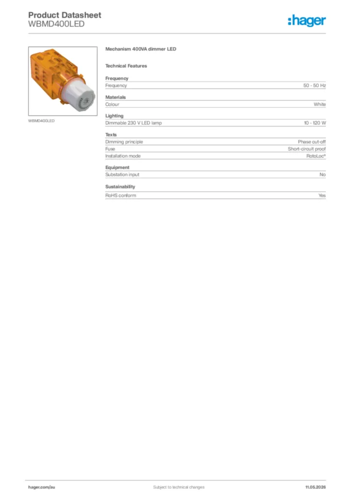 Image Hager Product data sheet WBMD400LED  | Hager Australia