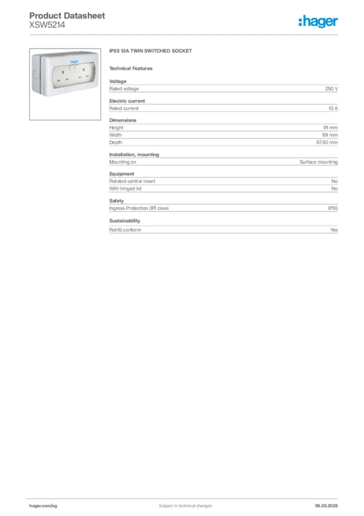 Image Hager Product data sheet XSW5214  | Hager
