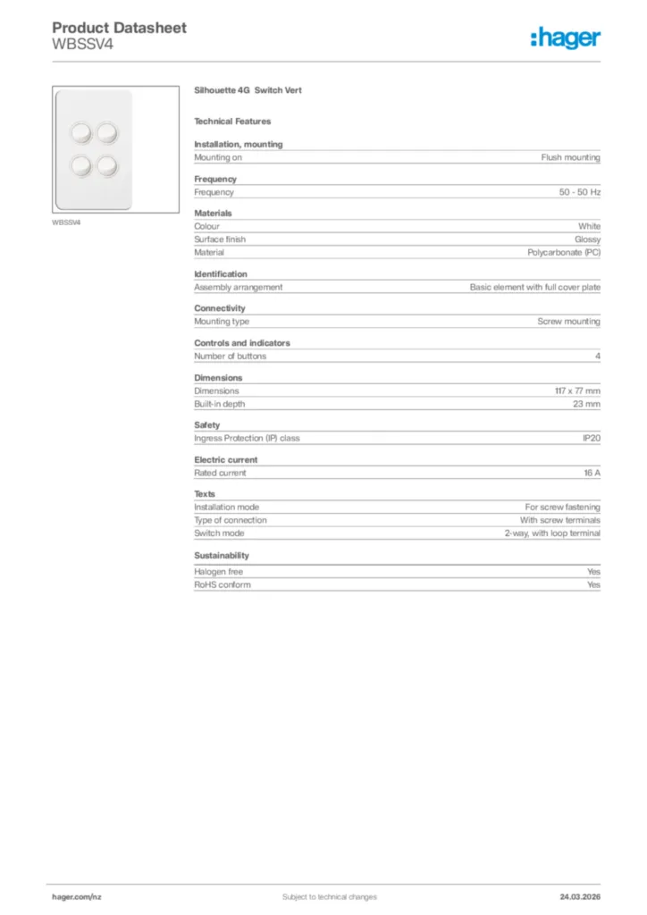 Image Hager Product data sheet WBSSV4  | Hager New Zealand