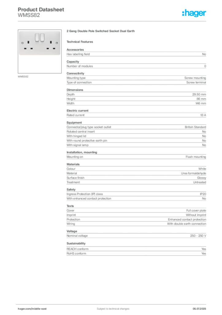 Image Hager Product data sheet WMSS82  | Hager