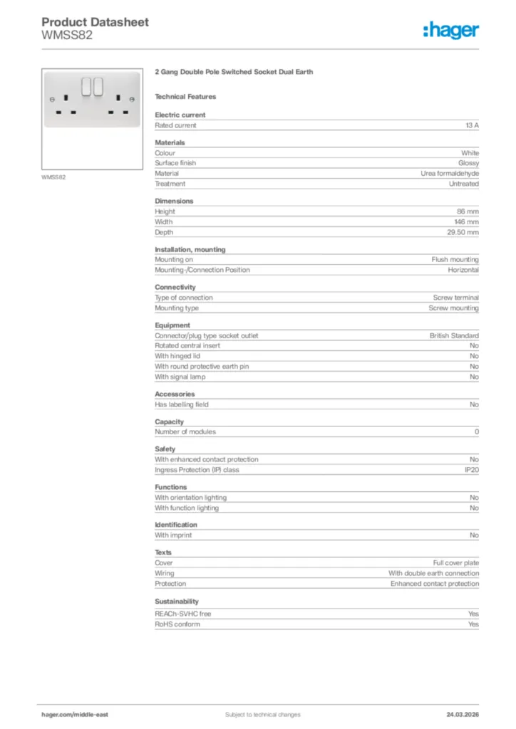 Image Hager Product data sheet WMSS82  | Hager