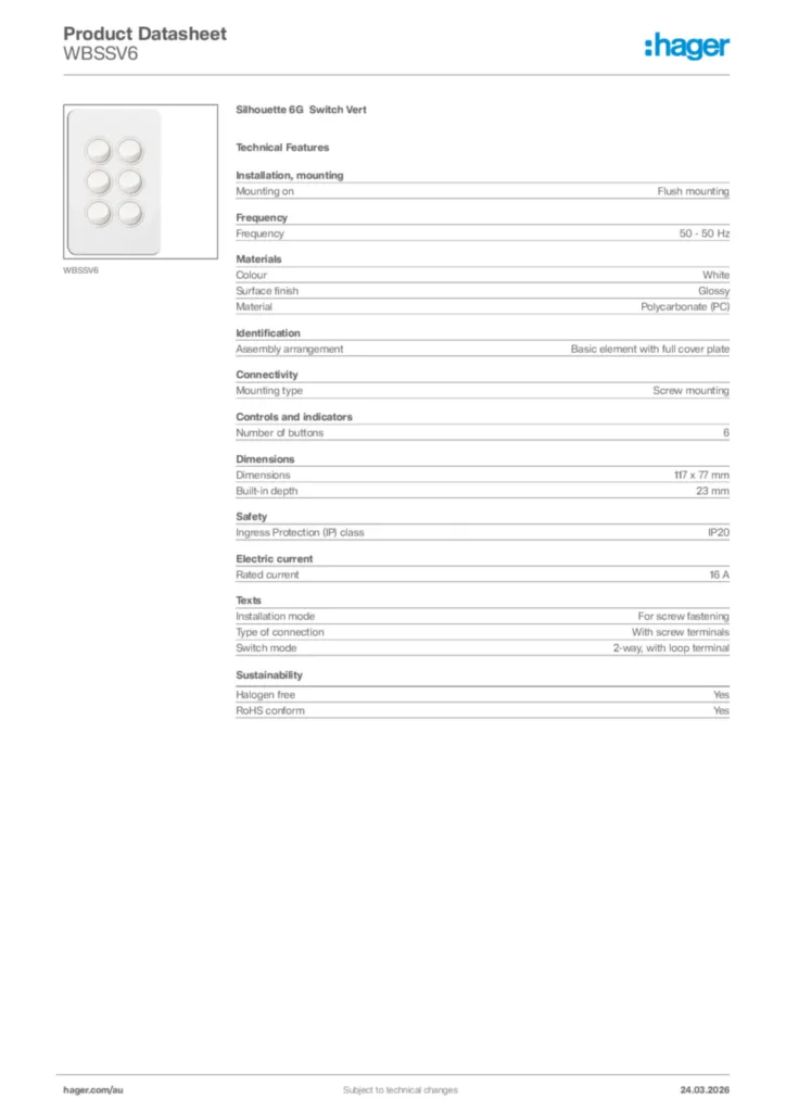 Image Hager Product data sheet WBSSV6  | Hager Australia