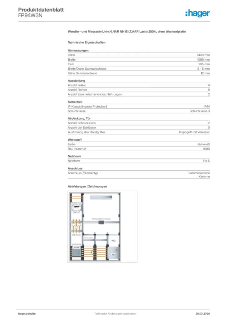 Bild Hager Produktdatenblatt FP94W3N | Hager Deutschland