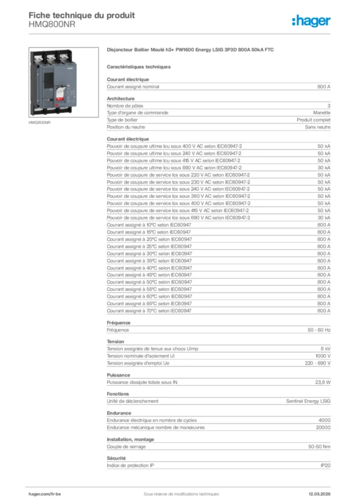 Image Hager Fiche technique du produit HMQ800NR | Hager Belgique