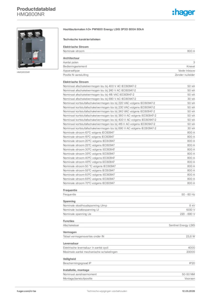 Afbeelding Hager Productdatablad HMQ800NR | Hager Belgium