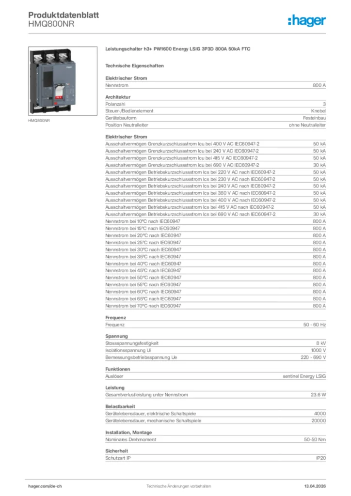 Bild Hager Produktdatenblatt HMQ800NR | Hager Schweiz