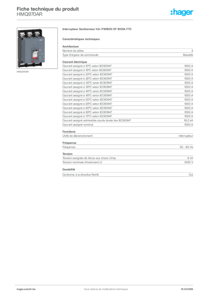 Image Hager Fiche technique du produit HMQ970AR | Hager Belgique