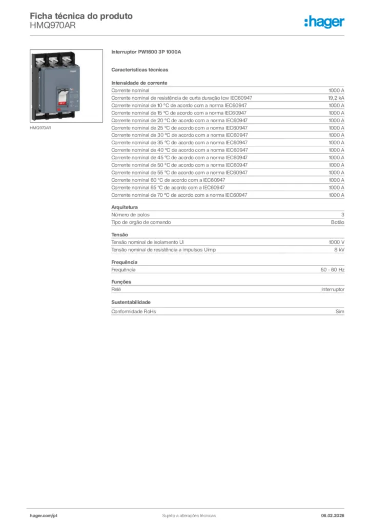 Imagem Hager Ficha técnica do produto HMQ970AR | Hager Portugal
