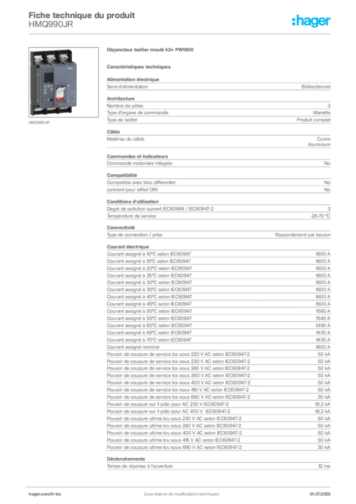 Image Hager Fiche technique du produit HMQ990JR | Hager Belgique