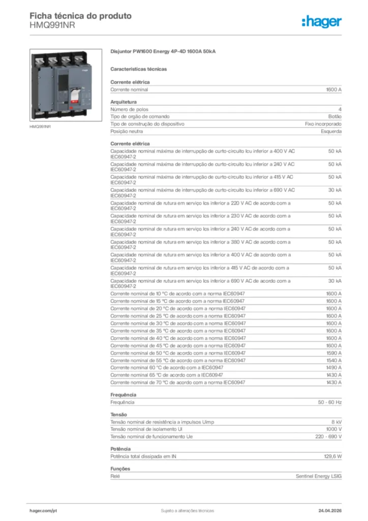 Imagem Hager Ficha técnica do produto HMQ991NR | Hager Portugal