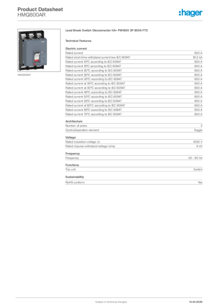 Image Hager Product data sheet HMQ800AR  | Hager Africa