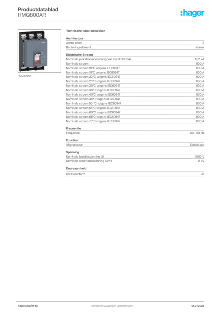 Afbeelding Hager Productdatablad HMQ800AR | Hager Belgium