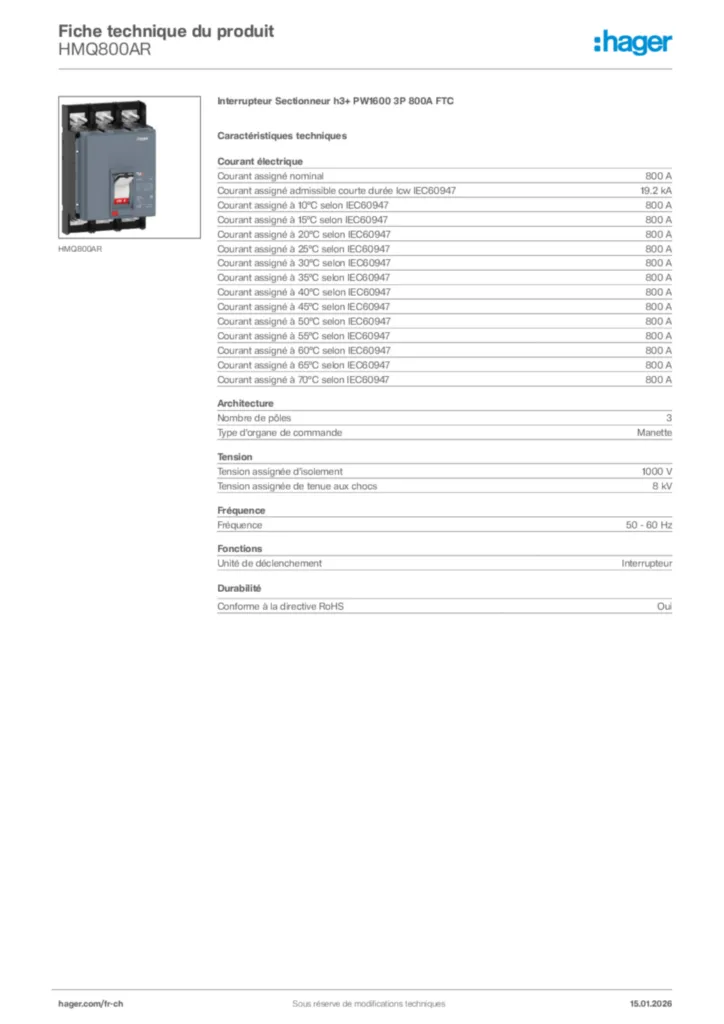 Image Hager Fiche technique du produit HMQ800AR | Hager Suisse