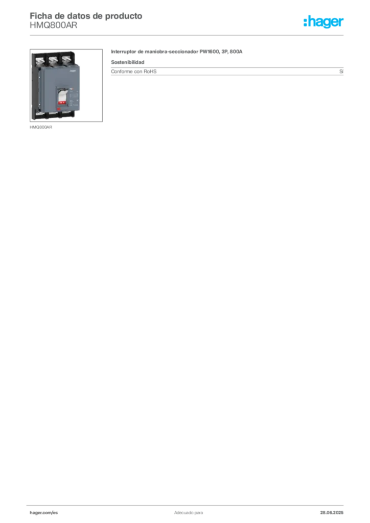 Imagen Hager Ficha de datos de producto HMQ800AR | Hager España