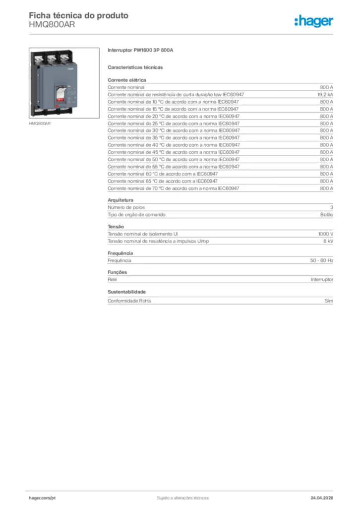 Imagem Hager Ficha técnica do produto HMQ800AR | Hager Portugal