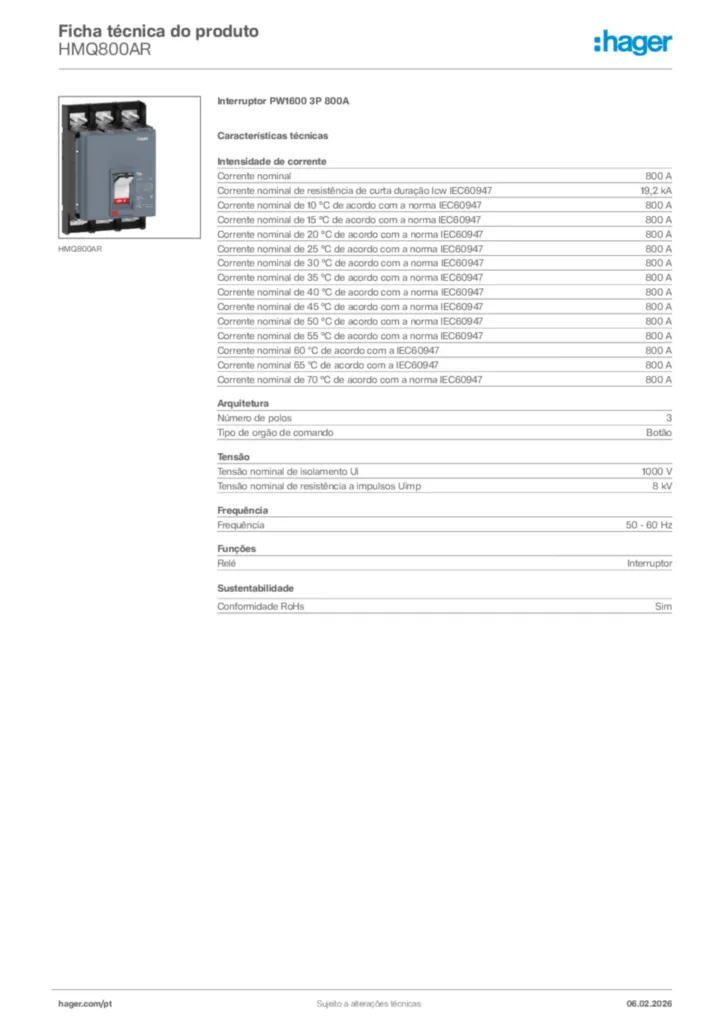 Imagem Hager Ficha técnica do produto HMQ800AR | Hager Portugal