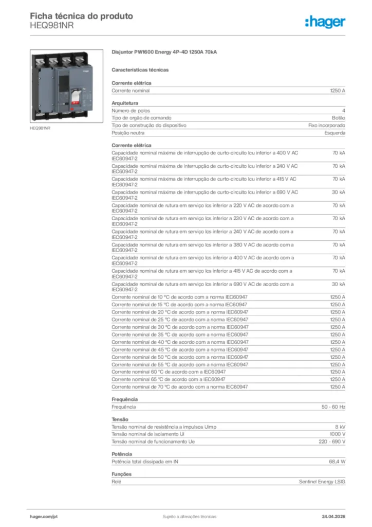 Imagem Hager Ficha técnica do produto HEQ981NR | Hager Portugal
