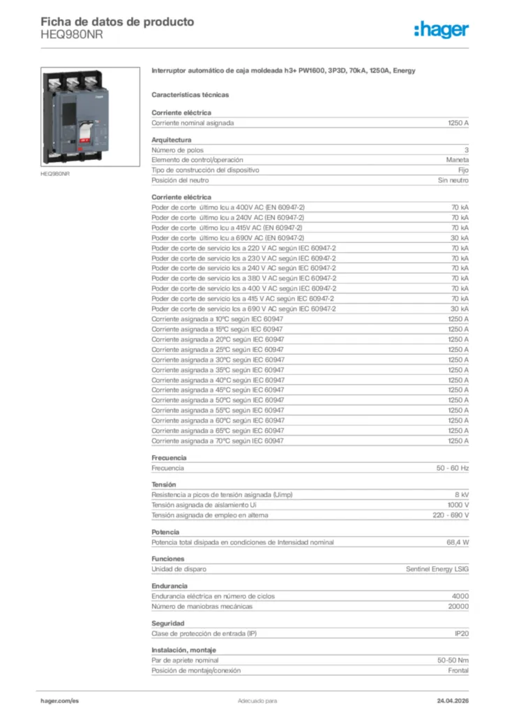 Imagen Hager Ficha de datos de producto HEQ980NR | Hager España