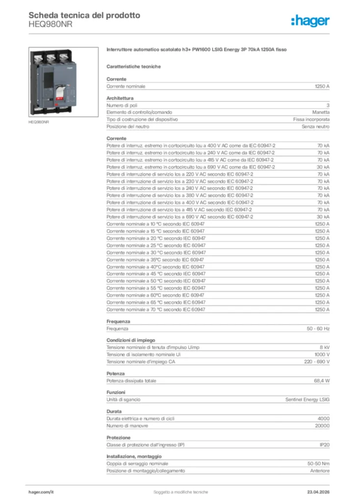 Immagine Hager Scheda tecnica del prodotto HEQ980NR | Hager Italia