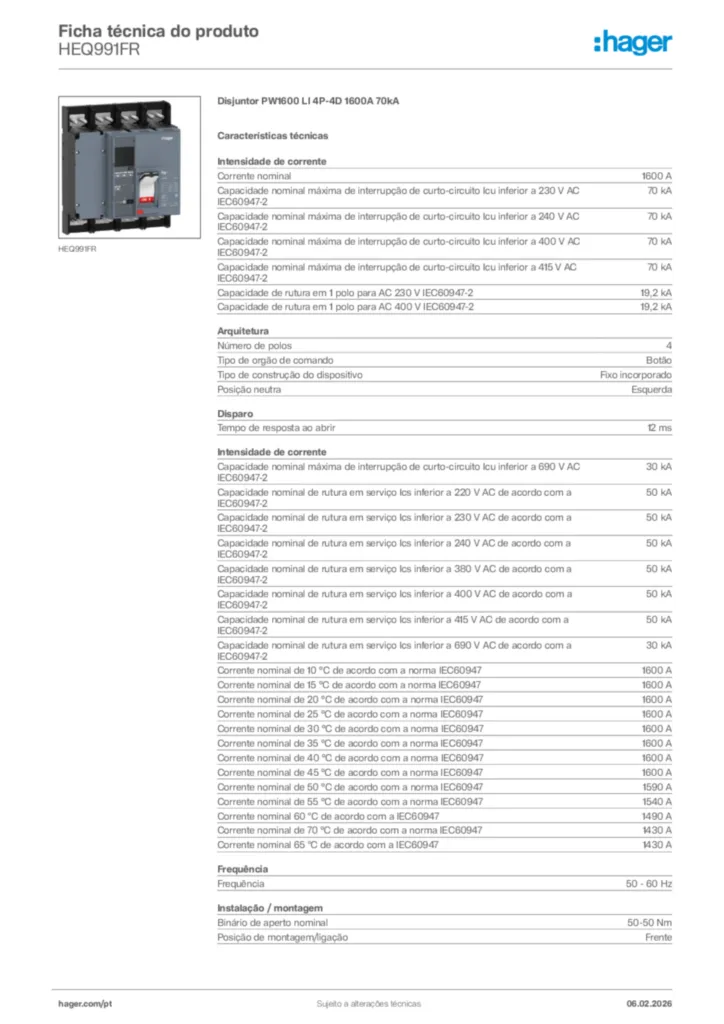 Imagem Hager Ficha técnica do produto HEQ991FR | Hager Portugal