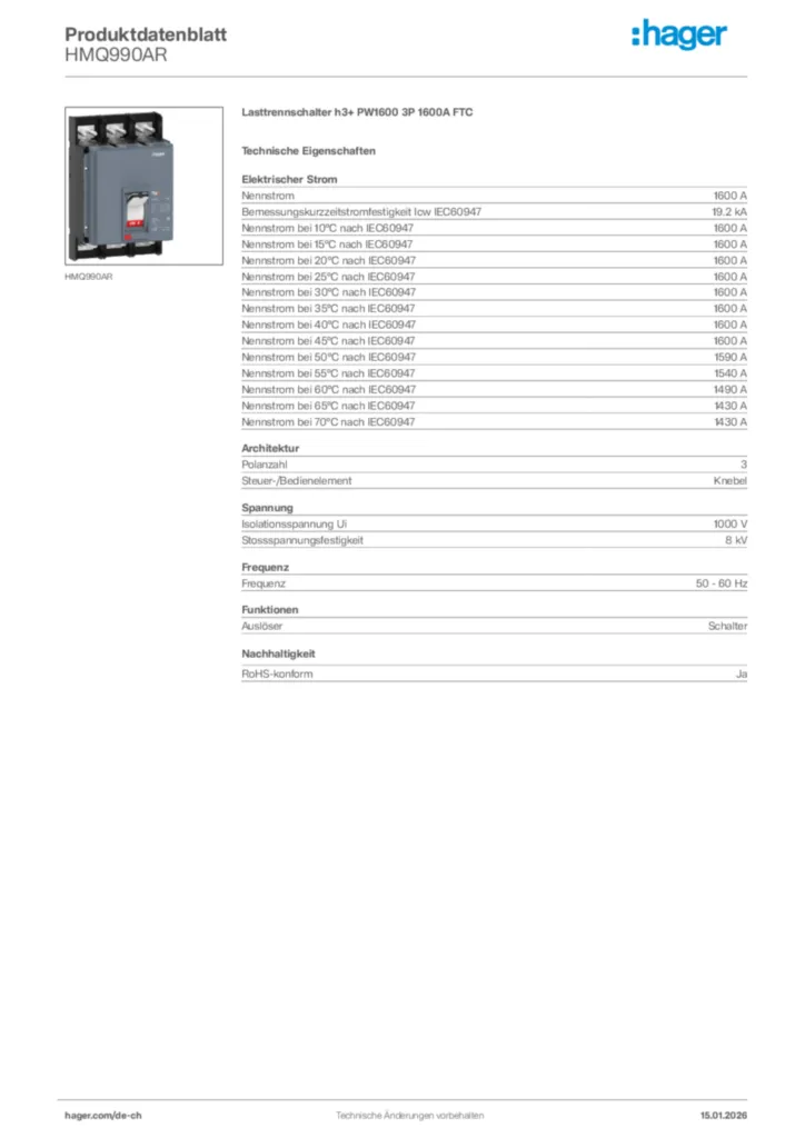 Bild Hager Produktdatenblatt HMQ990AR | Hager Schweiz