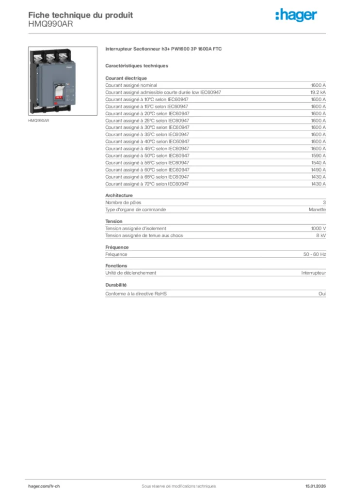 Image Hager Fiche technique du produit HMQ990AR | Hager Suisse