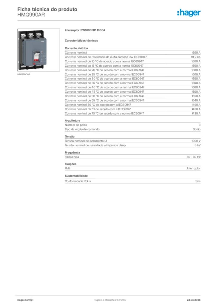 Imagem Hager Ficha técnica do produto HMQ990AR | Hager Portugal