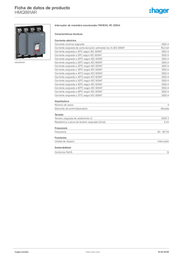 Imagen Hager Ficha de datos de producto HMQ981AR | Hager España