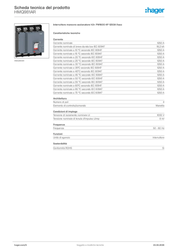 Immagine Hager Scheda tecnica del prodotto HMQ981AR | Hager Italia