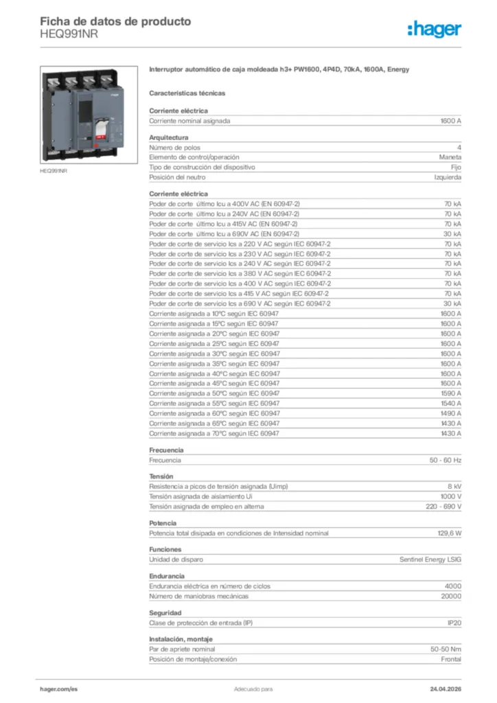 Imagen Hager Ficha de datos de producto HEQ991NR | Hager España