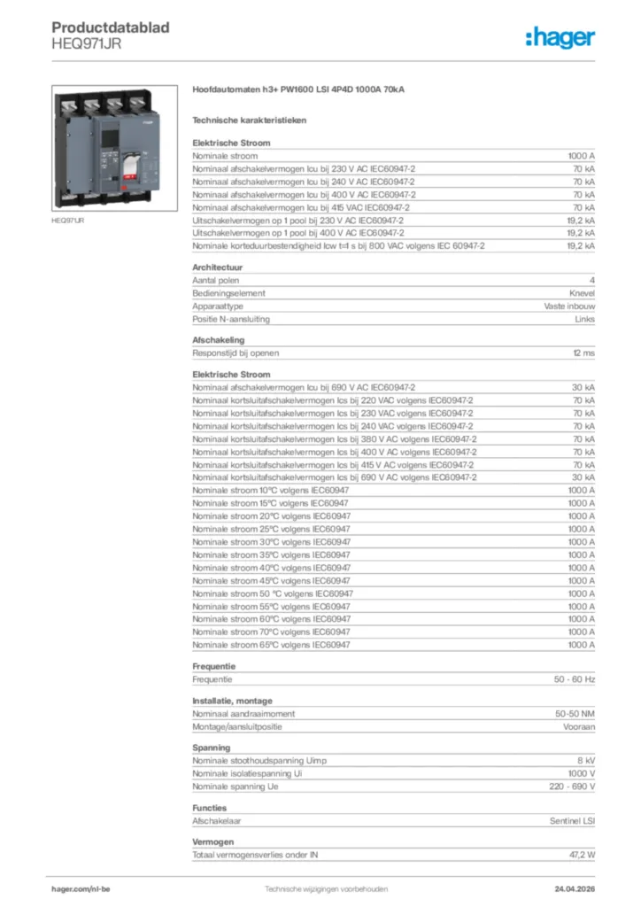 Afbeelding Hager Productdatablad HEQ971JR | Hager Belgium