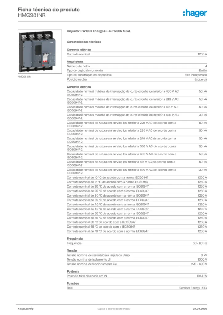 Imagem Hager Ficha técnica do produto HMQ981NR | Hager Portugal