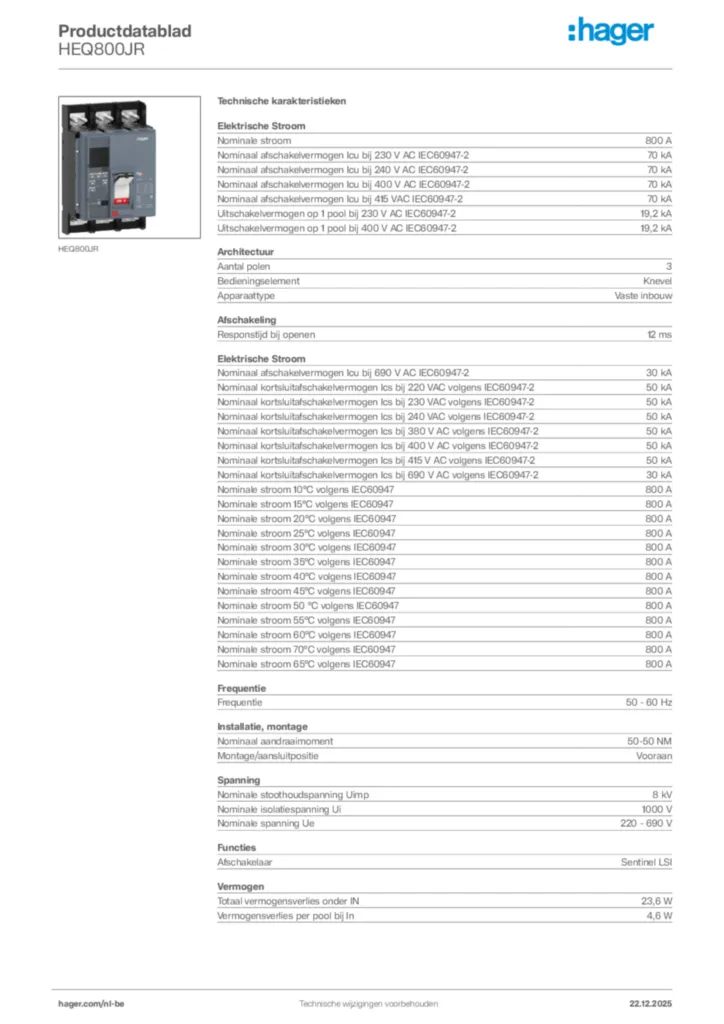 Afbeelding Hager Productdatablad HEQ800JR | Hager Belgium