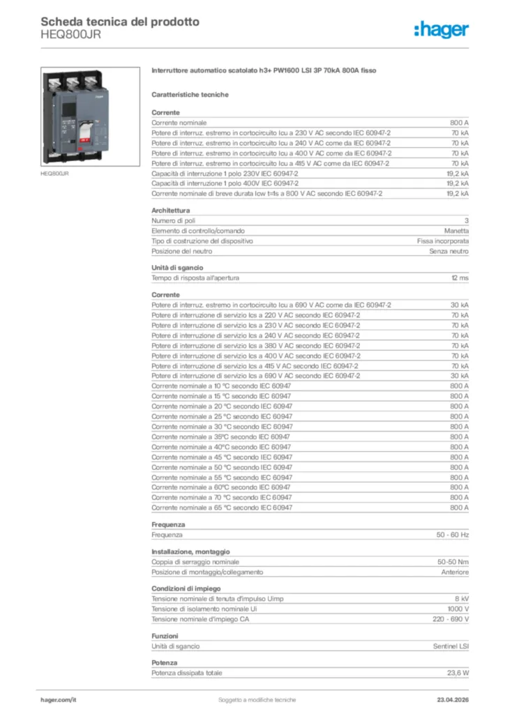 Immagine Hager Scheda tecnica del prodotto HEQ800JR | Hager Italia