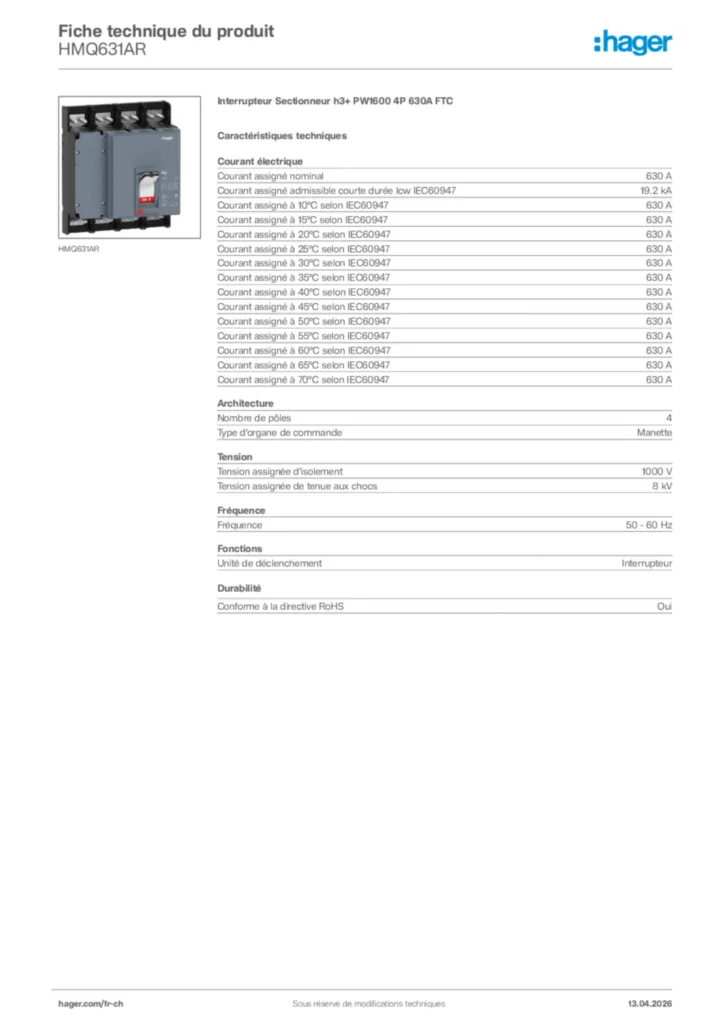 Image Hager Fiche technique du produit HMQ631AR | Hager Suisse