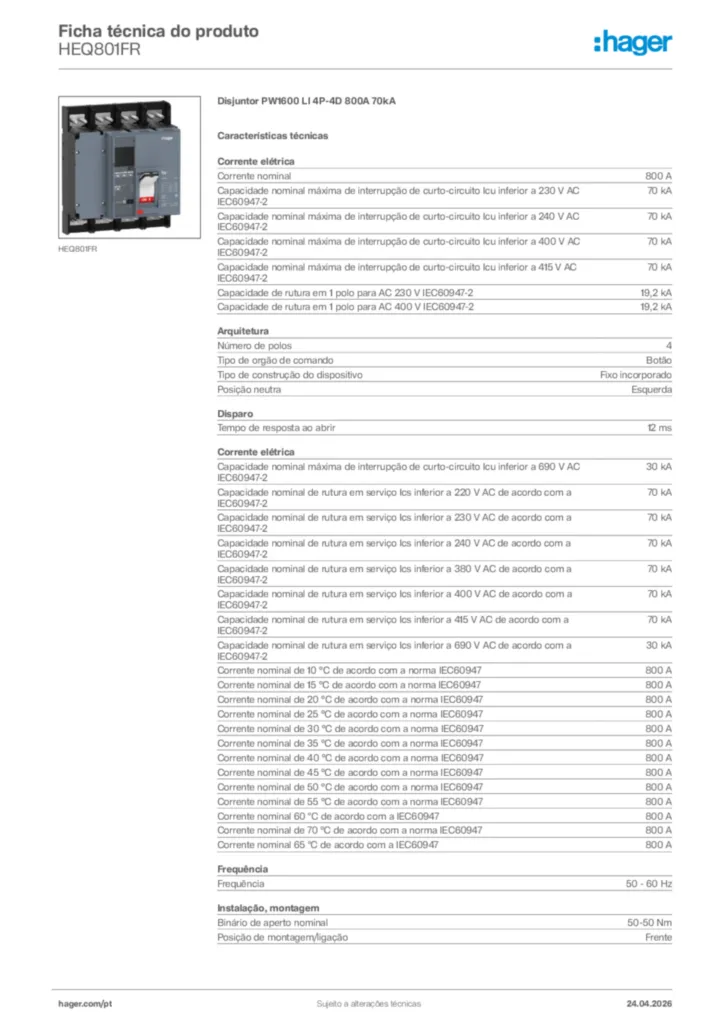 Imagem Hager Ficha técnica do produto HEQ801FR | Hager Portugal