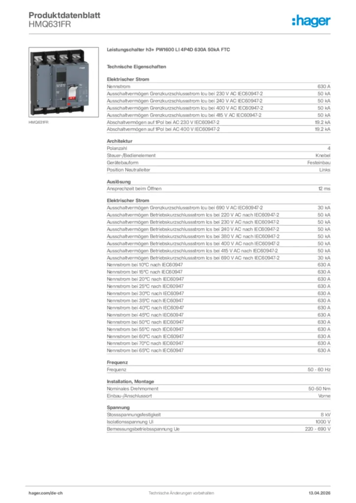 Bild Hager Produktdatenblatt HMQ631FR | Hager Schweiz