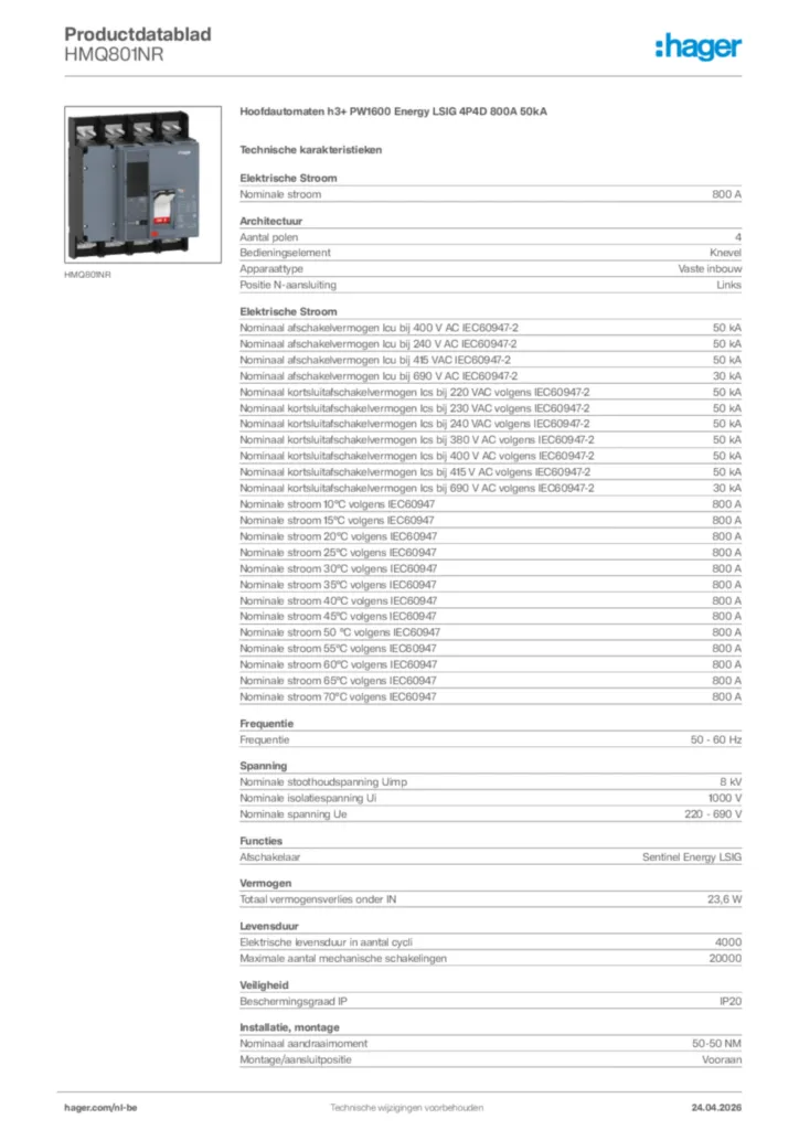 Afbeelding Hager Productdatablad HMQ801NR | Hager Belgium