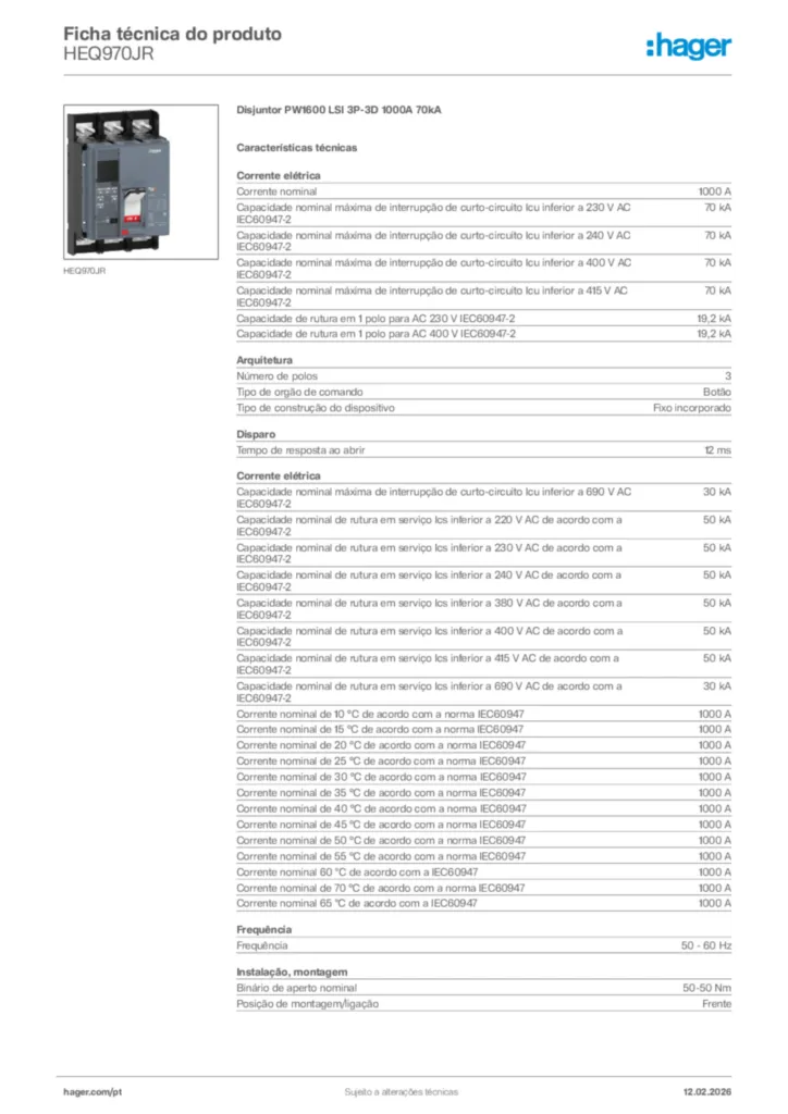 Imagem Hager Ficha técnica do produto HEQ970JR | Hager Portugal