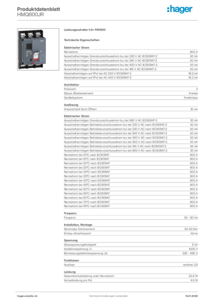 Bild Hager Produktdatenblatt HMQ800JR | Hager Schweiz