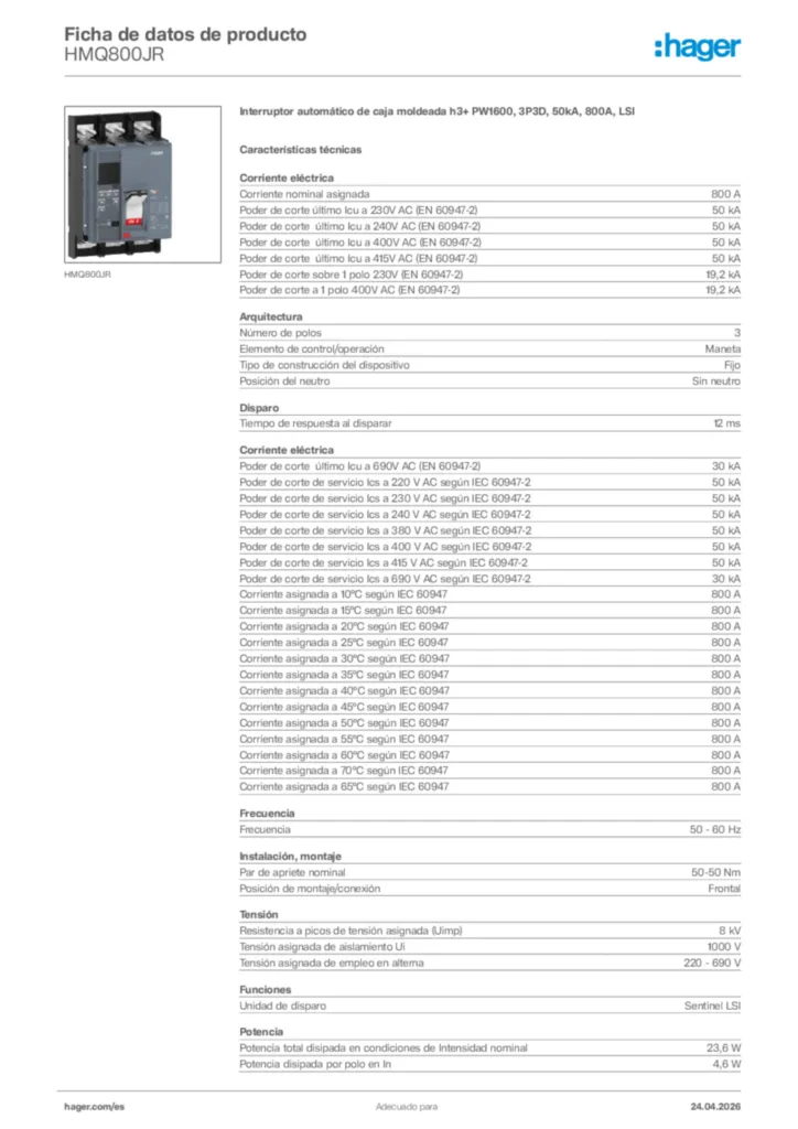 Imagen Hager Ficha de datos de producto HMQ800JR | Hager España
