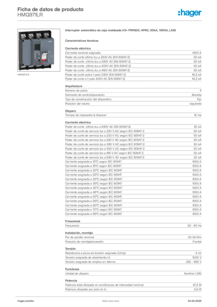 Imagen Hager Ficha de datos de producto HMQ971LR | Hager España