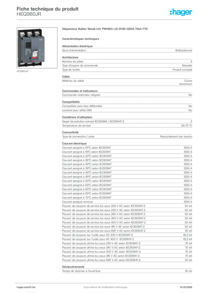 Image Hager Fiche technique du produit HEQ980JR | Hager Belgique
