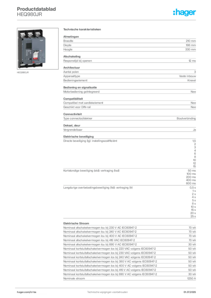 Afbeelding Hager Productdatablad HEQ980JR | Hager Belgium