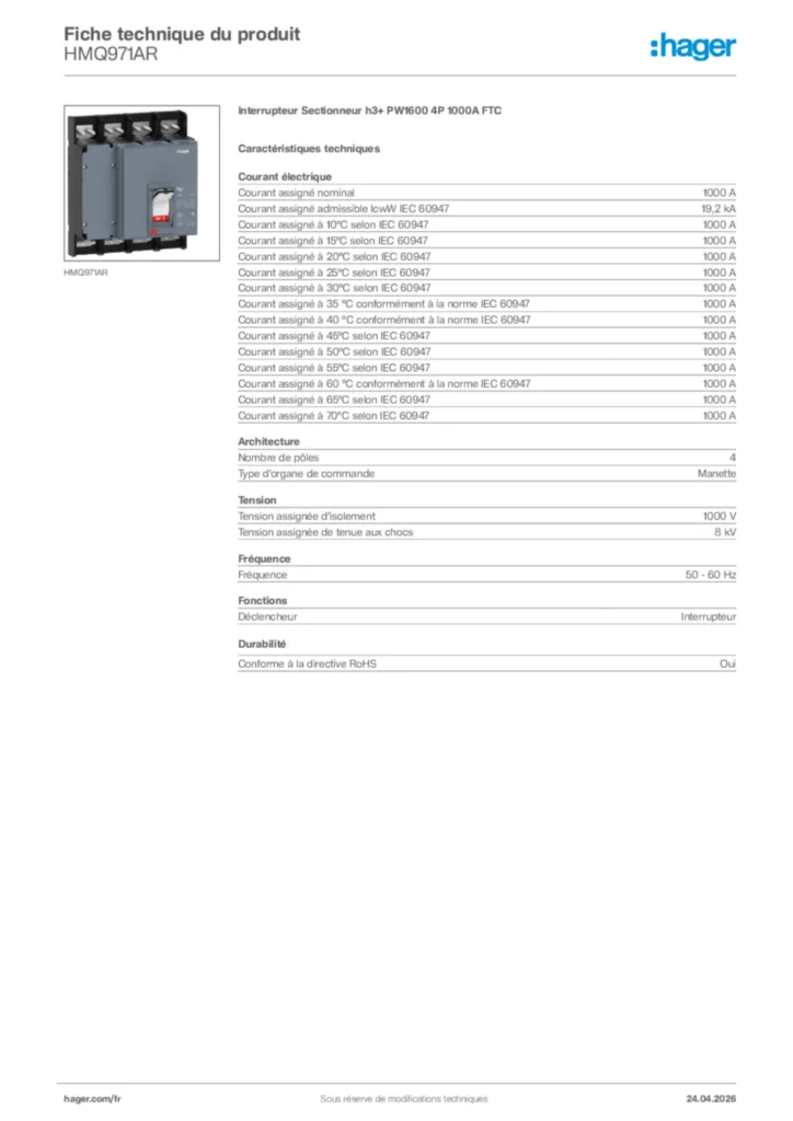 Image Hager Fiche technique du produit HMQ971AR | Hager France