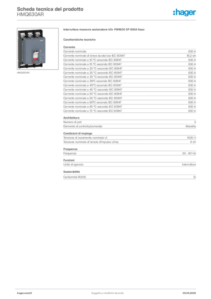 Immagine Hager Scheda tecnica del prodotto HMQ630AR | Hager Italia