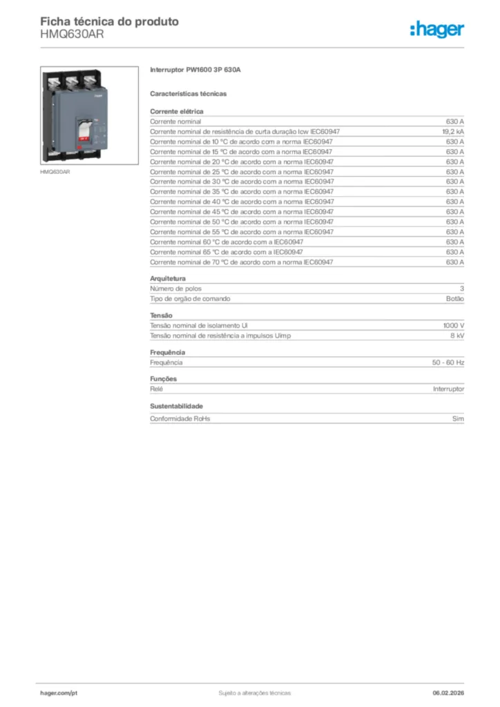 Imagem Hager Ficha técnica do produto HMQ630AR | Hager Portugal