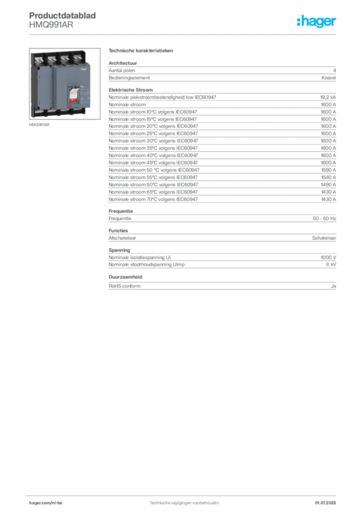 Afbeelding Hager Productdatablad HMQ991AR | Hager Belgium